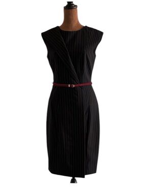 Calvin Klein Black Pinstripe Midi Dress with Red Belt - size 2